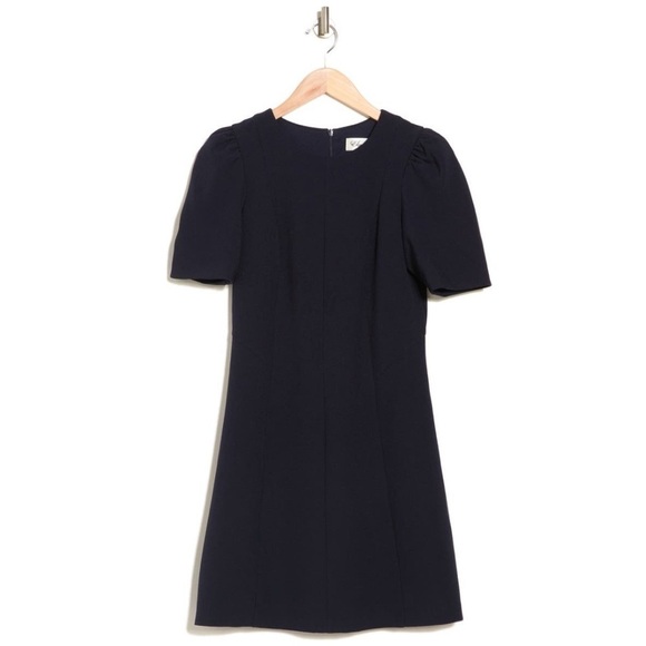 NWT Eliza J Crepe Shirred Elbow Sleeve A Line Knee Length Dress in Navy - Picture 2 of 8